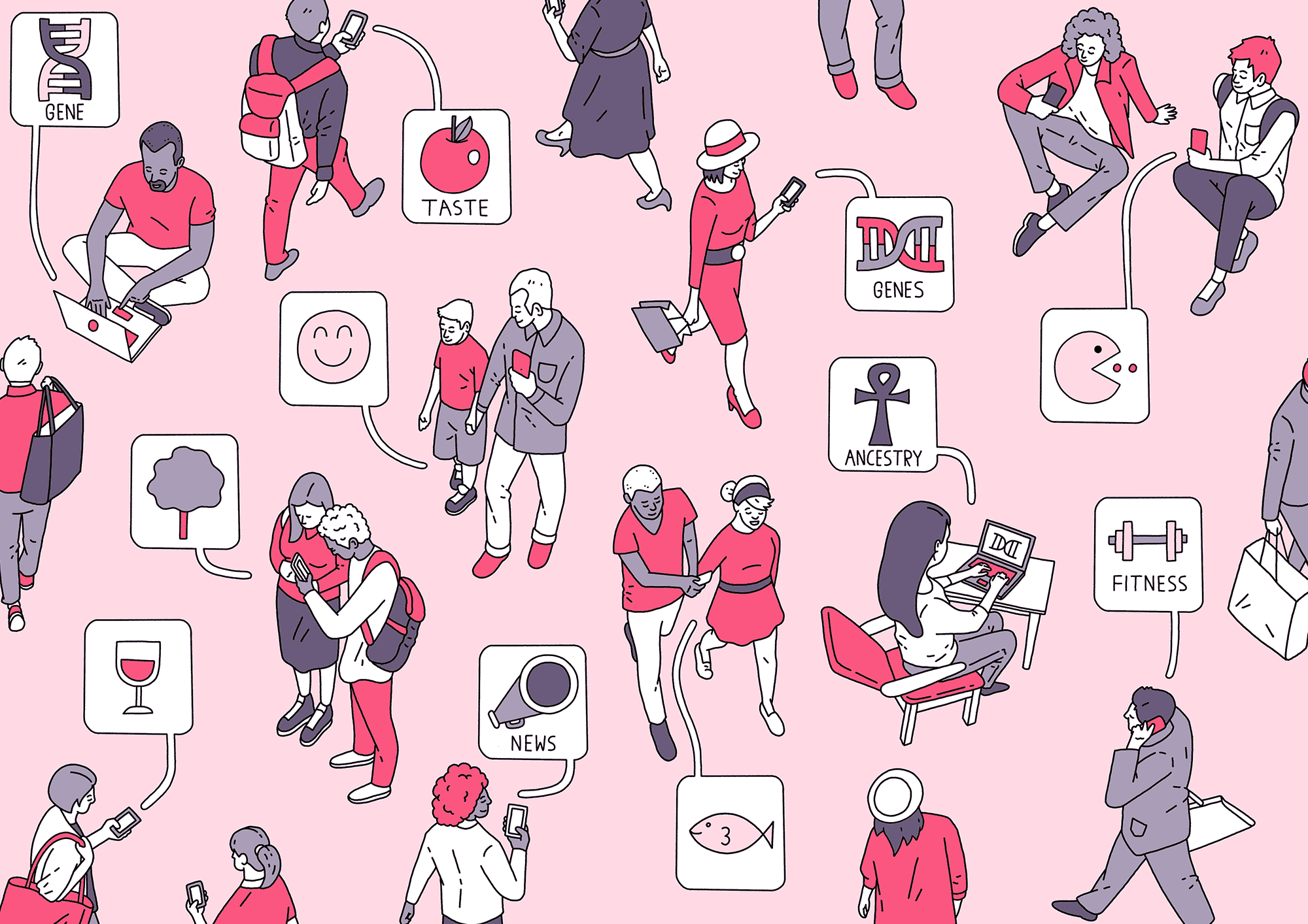 Illustrated crowd of people with gene, taste, ancestry and fitness icons