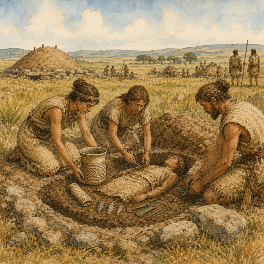 Watercolour of a Bell Beaker vessel and grave goods